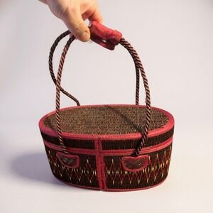 Oval Woven Vanity Case Cosmetic Bag Pink Trim Red Lined Closure Handle